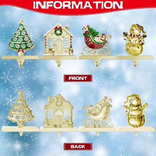 GUOER 4 Pack Christmas Stocking Holder Set for Mantle Christmas Decorations Mantle Fireplace Topper-House, Sleigh,Snowman and Christmas Tree Hangers Decorative Metal Hanger(Golden) - Image 4