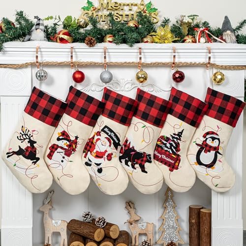 LUBOT Christmas Stockings Set of 6 Large Family Xmas Stocking 20" Silhouette Buffalo Red Plaid Fireplace Hanging Holiday Decor 6 Pack - Image 2