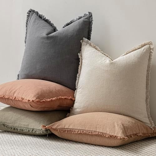 Foindtower Decorative Linen Fringe Throw Pillow Covers 24×24 Inch,Gray - Image 5