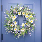 22 Inches Summer Wreaths for Front Door Blue Summer Door Wreath Spring Floral Wreath with Wildflower Lanvender for Wall Porch Indoors Outdoor Window Home Decorations - Image 2