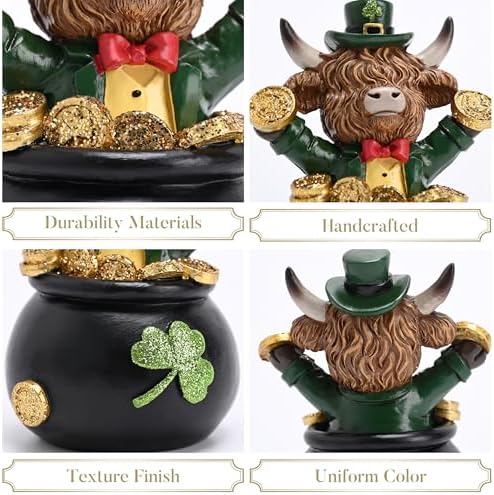 Valery Madelyn St Patricks Day Decorations for Home, 2Pcs Highland Cow Decor with Shamrock Pot of Gold, Irish Resin Leprechaun Figurines St Patricks Day Tiered Tray Decoration Table Centerpiece, 4.5" - Image 6