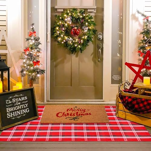 Christmas Red Green White Plaid Rug, 3' x 5' Cotton Hand-Woven Buffalo Check Layered Door Mat for Front Porch, Entryway, Outdoor Holiday Decor, Washable Farmhouse Rug for Home, Patio, Kitchen - Image 2