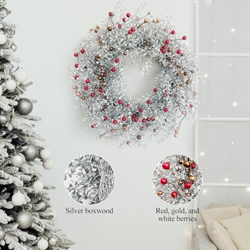 Winter Front Door Wreath 24 Inch Metallic Silver Boxwood - Image 3