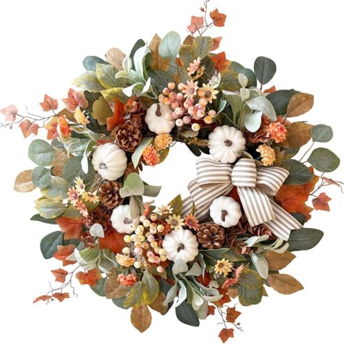 WANNA-CUL 24 Inch Farmhouse Fall Wreath for Front Door with White Pumpkin - Image 2