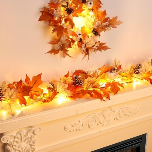 Fall Decor 6FT Lighted Fall Garland with Lights & Timer, Full Autumn Light Up Fall Leaf Mantle Garland with Pumpkin Berries Pinecone, Indoor Fall Thanksgiving Decorations for Home Fireplace Porch Door - Image 4