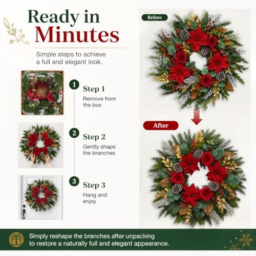 28 Inch Christmas Wreath for Front Door, Red Poinsettia Rose Holiday Wreath - Image 5