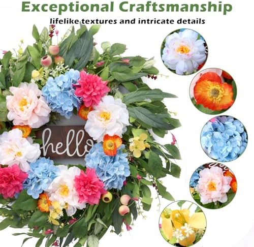 24" Peonies Wreaths for Front Door with Blue Hydrangea, Peonies, Dahlia, Phalaenopsis, Spring&Summer Outdoor Artificial Flowers for Wedding, Front Door Porch Yard Patio Home Decor - Image 2