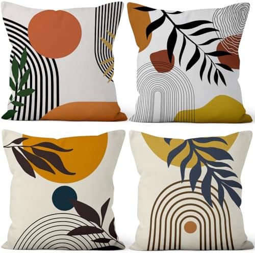 4 Pcs/Set Abstract Line Throw Pillow Covers Boho Sun Moon Arch Botanical Leaves Geometric Lines Plants Linen Throw Cushion Cases for Couch Sofa Bedroom Decorative, 24"x24" by VieSavaran