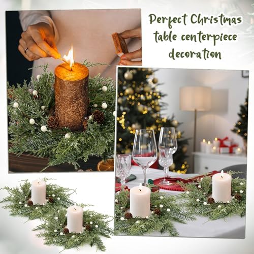 24 PCS Christmas Wreath Candle Rings Mini Wreath Pine Garland Artificial Frosted Cedar and Pine Cone Candle Rings Holder for Christmas Wedding Home Table Centerpiece Door Window Chair Wall - Image 6