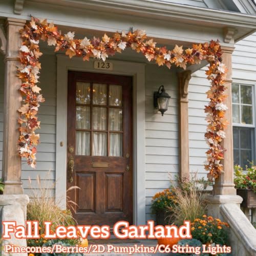 2Pack 10Ft Lighted Fall Garland with Battery Operated C6 Orange Lights, Extra Long Maple Leaf Garland with Pumpkin Wood Signs, Pinecones & Yellow Berries, Thanksgiving Autumn Decor Indoor Outdoor - Image 5