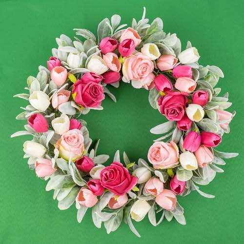 Yawwind 20 Inches Summer Wreath for Front Door Farmhouse Summer Door Wreaths Elegant Spring Floral Wreath with Tulips Rose Flocked Lambs Ear for Wall Window Porch Indoor Decor - Image 7