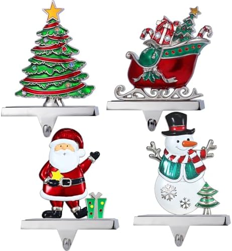 Set of 4 Christmas Stocking Holders for Mantel Retro Stocking Holders with Santa Snowman Tree Sleigh Design Silver Metal Christmas Stocking Holders- Stockings Hanger for Xmas Decoration (Set of 4) by Layseri