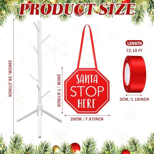 Geelin 39.37 Inches Inch Christmas Wooden Stocking Holder Stand Freestanding Christmas Stocking Stand Rack with 7 Hooks with Red Ribbon for Xmas Living Bedroom Room - Image 3