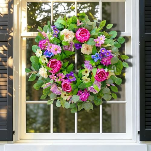 Spring Wreaths for Front Door Outside 24 Inch Spring Door Wreath with Pink Peony,Rose and Blue Hydrangeas, Handmade Silk Summer Wreaths for Front Door Home Wall Window Proch Seasonal Decor - Image 6