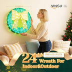 VINGLI 24in Pre Lit Christmas Wreath for Front Door Mantel & Stair Railing with Lights Indoor Outdoor Doorway Decor Garland,Green & Gold Stocking Ornaments Outdoor Christmas Decorations - Image 7