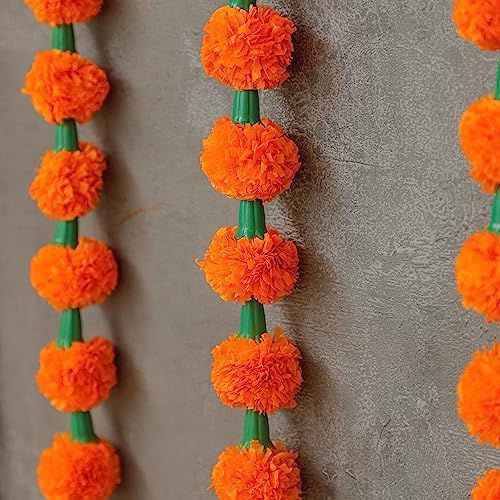 Desi Favors 6 Ft Orange Marigold Garlands | Artificial Flower Garlands | Hosuewarming Indian Wedding Decoration, Plastic Bulk Floral Garlands Wall Decor, Backdrop, Diwali Decor | (Pack of 5) - Image 4