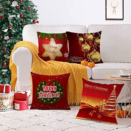 Set of 4 Christmas Pillow Covers 22x22 Inch Xmas Pillow Cases Velvet Throw Pillow Covers Red Gold Winter Holiday Cushion Covers Outdoor Couch Sofa Home Decorations for New Year - Image 4