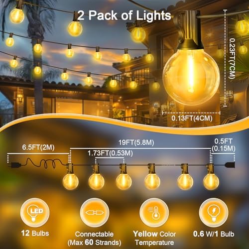 LAMPHOME 2PACK Yellow Outdoor String Lights, 26FT 13 G40 Gold Shatterproof Patio Lights, IP65 Waterproof Dimmable Connectable Globe LED Hanging Lights for Backyard, Bistro, Porch, Deck, Balcony - Image 2