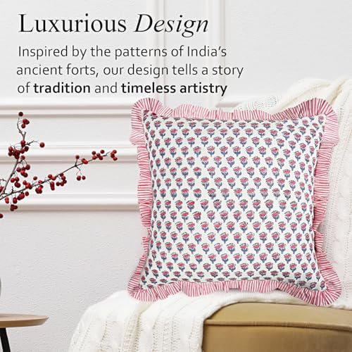 CPC Pink Sapphire Ruffle Throw Pillow Covers for Couch, 20x20 Inch Cotton Stripe Ruffle Couch Pillows for Living Room, Hidden 16 Inch Zipper Boho Pillow Case or Cute Outdoor Pillows - Image 4