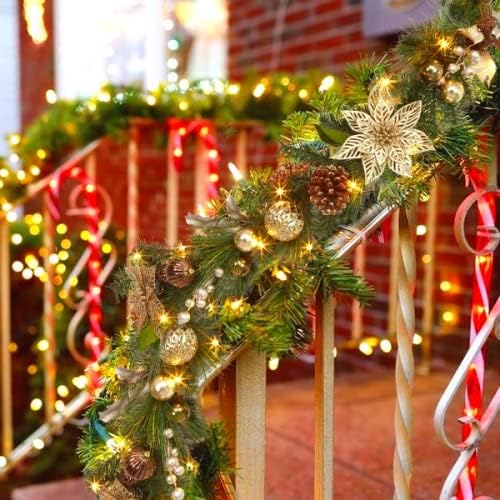 6ft Prelit Christmas Garland with 20 Lights, Xmas Fake Vines with Bows Christmas Balls Flowers Berries Greenery Christmas for Front Door Fireplace Mantel Porch Holiday Decorations - Image 3