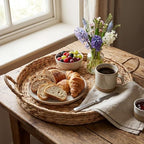 Round Woven Hyacinth Serving Tray with Handles Rattan Decorative Storage Basket for Fruit Arts Crafts Breakfast Coffee Table Dining, 1.97 x 21.65 Inches - Image 5