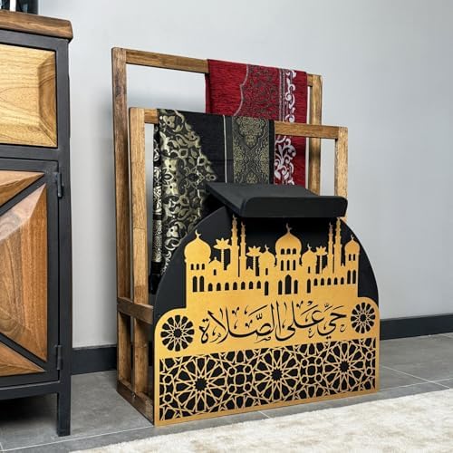 Elegant Wooden Quran Holder & Prayer Mat Holder – Islamic Home Décor, Prayer Rug Organizer, Ramadan & Eid Gift, Decorative Wooden Islamic Accessories, Quran Display Holder for Mosque & Home Gold-Black - Image 4