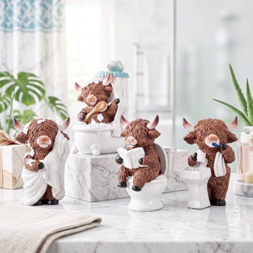 Simgoing 4 Pcs Farmhouse Highland Cow Bathroom Decor, Resin Cow Figurines - Image 3