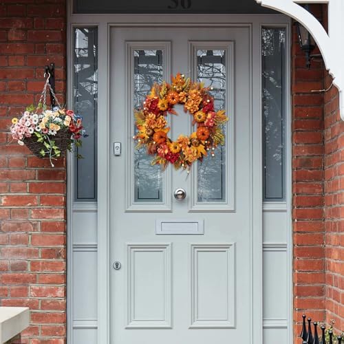 Artificial 20 Inch Autumn Front Door Wreath with Pumpkin Hydrangea Berry Maple Leaves - Fall Farmhouse Orange Wreath for Home Wall Window Harvest Festival Thanksgiving Indoor Outdoor - Image 6