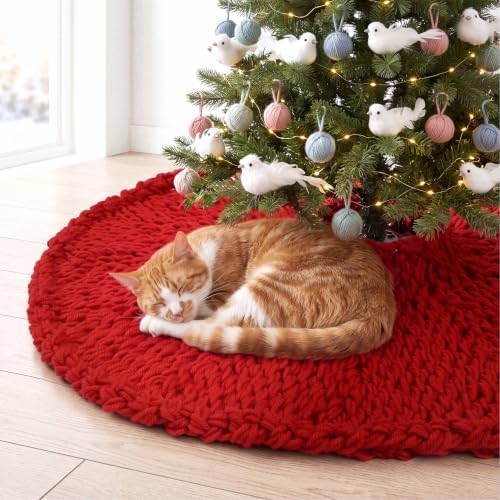 Shappy Red 36 Inch Chunky Knit Christmas Tree Skirt Crochet Tree Skirt - Image 4