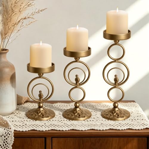 Brass Candle Holders for Pillar Candles Set of 3 by Aoligrace