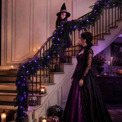 Pre-Lit Halloween Garland 9FT Decorations Black Real Touch Cedar Cypress Pine Plant Artificial Halloween Garland with Lights for Mantle, Fireplace, Table, Stairs, Door, Indoor Outdoor Decorations - Image 6