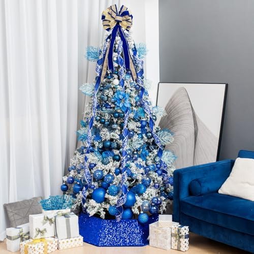 XmasExp Christmas Tree Collar, 33.5 inch Sequin Tree Skirt Stand Base Cover for Home Decor, Large Size 6 Piece, Blue - Image 6