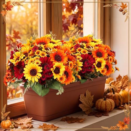 Yinder 12 Bundles Fall Artificial Flowers Bouquet 6 Silk Sunflowers and 6 Faux Chamomile Flowers Orange Yellow Burgundy Autumn Floral Arrangement for Vase Thanksgiving Table Centerpieces Home Decor - Image 4
