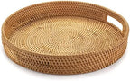YANGQIHOME Rattan Round Serving Tray, Decorative Coffee Table Tray, Hand Woven Serving Basket with Handles, Ottoman Wicker Fruit/Bread Serving Basket, 13.8 inch by YANGQIHOME