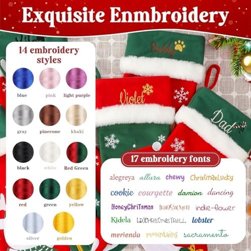 Personalized Christmas Stockings with Embroidered Name & Monogram,Custom Xmas Character Stocking with White Plush Cuff,18” Large Santa,Snowman,Reindeer,Dog,Cat Fireplace Stockings(4 Pack) - Image 4