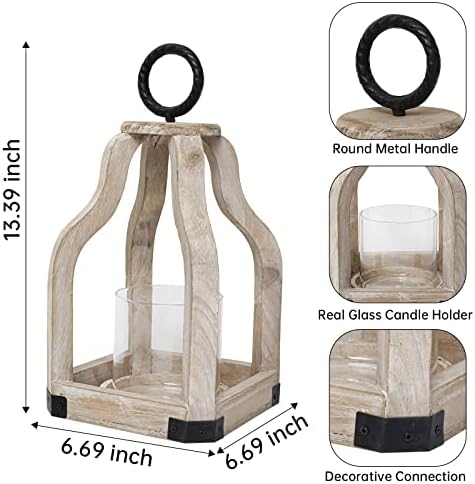 SWALLOWLIVING 13" Rustic Farmhouse Wood Candle Hurricane Lantern with Glass Candlestick Holder for Patio, Table Centerpiece, White Washed - Image 4
