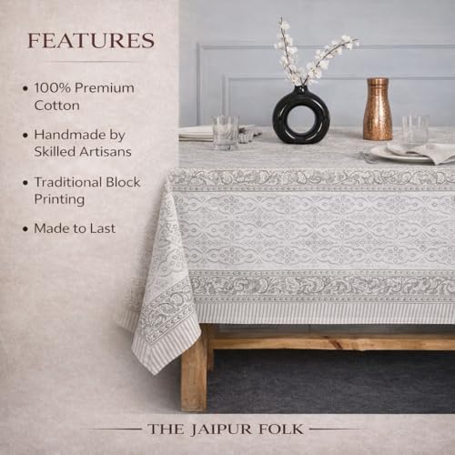 Floral Rectangle Table cloth | 100% Cotton Hand Block Printed Thanksgiving Spring Table Cover| Dust Proof Wrinkle Resistant, for Dining , Kitchen, Festive, Parties, Weddings (Grey White, 72x108 inch) - Image 4