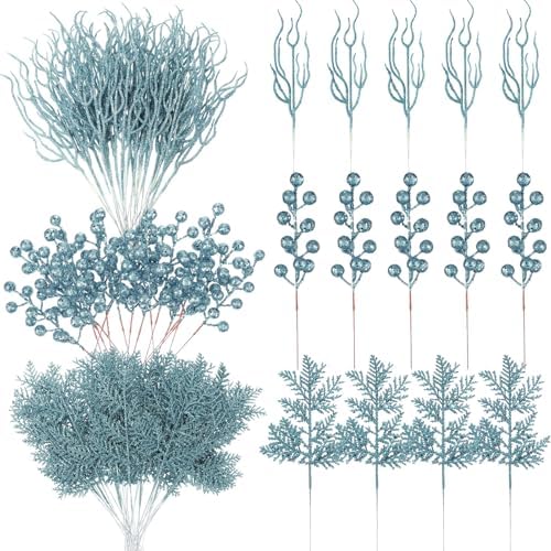 75 Pcs Christmas Glitter Tree Picks 3 Styles Berry Stems, Lake Blue by Craftsatin