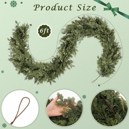 Christmas Garland 6FT Decorations Real Touch Cedar Cypress Pine Greenery Artificial Green Christmas Garland for Mantle, Fireplace, Table, Stairs, Door, Porch, Indoor Outdoor Decorations, 2PCS - Image 3