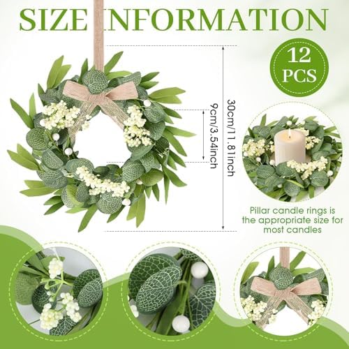 12 Pcs Green Artificial Eucalyptus Swag Wreaths Spring Summer Wreath with White Berries Mini Green Kitchen Cabinet Wreaths with Ribbon for Front Door Porch Wall Window Farmhouse Decoration - Image 3