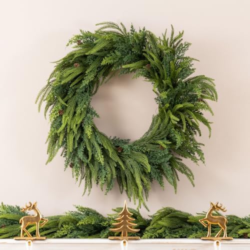 Glitzhome 25" D Christmas Norfolk Pine Wreath, Artificial Greenery Wreath Mixed PE Dripping with Pinecones, Christmas Wreaths for Front Door, Wall, Windows, Home, Outdoor, Xmas Decorations by Glitzhome