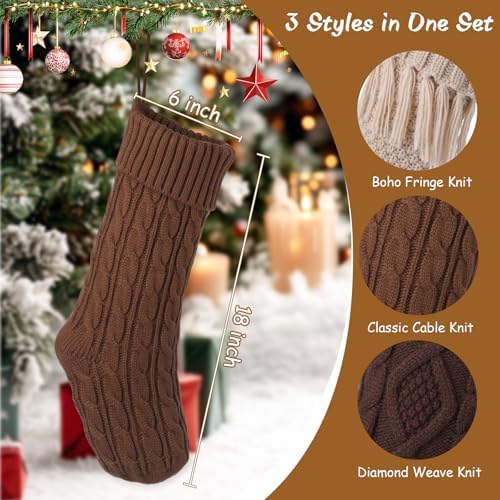 steo spce 3 Pack Farmhouse Christmas Stockings – Large 18” Rustic Boho Vintage Cable Knit Holiday Stockings in Brown and White Neutral Tones for Fireplace Mantel Hanging Family Décor - Image 2