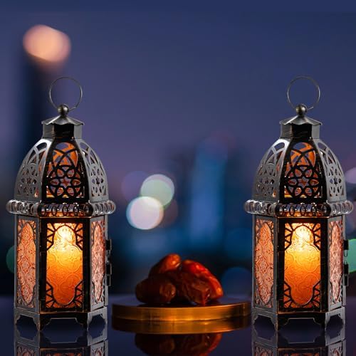 NEEDOMO Set of 2 Hanging Moroccan Lantern, 12.8'' Vintage Candle Holder, Metal Lanterns Decorative Indoor Outdoor, Table, Patio, Porch, Shelf, Ramadan Decorations (Amber) - Image 6
