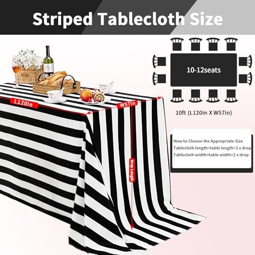 Fanqisi 2 Packs Black and White Striped Tablecloth 57 x 120 Inch Rectangle Waterproof Table Cover Halloween Table Cloth for Birthday Wedding Dining Banquet Outdoor Party Decorations - Image 3