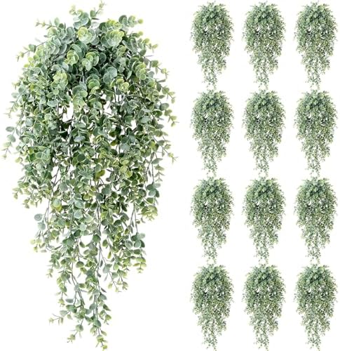 Zeyune 12 Pack Artificial Hanging Eucalyptus Plants, Fake Greenery Eucalyptus Leaves, Boho Ivy Plant Decor for Wedding, Bridal Shower Backdrop Bathroom Home Office Desk Indoor Wall (White-Sprayed) by Zeyune