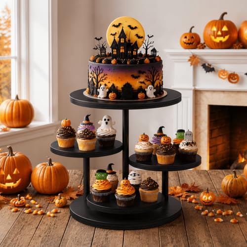 ELITEROO 4 Tier Round Cupcake Stand, Wooden Cup Cake Tower with Tiered Cookie Serving Tray, 360°Rotatable Cake Stand for Dessert Table Display for Wedding Birthday Halloween Tea Party, Black - Image 3