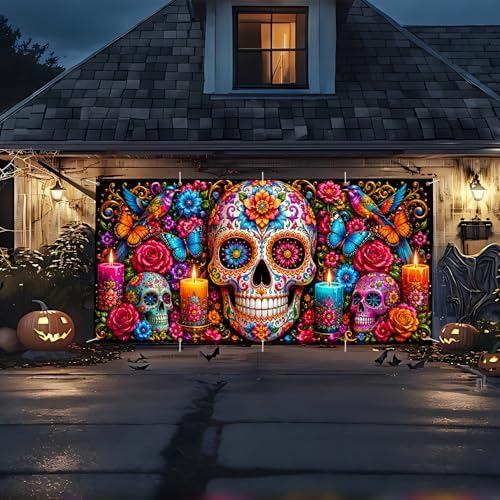 Day of the Dead Garage Door Banner 7x16 FT - Dia De Los Muertos Sugar Skull Backdrop Cover with Vibrant Flowers Butterflies Candles Decor for Double Car Garage Door Outdoor Fiesta Party - Image 3