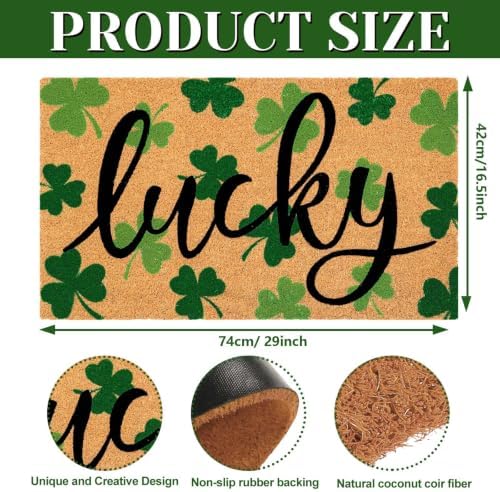 JarThenaAMCS St. Patrick's Day Natural Coir Door Mat Lucky Clover Welcome Floor Mat Green Shamrock Non-Slip Entrance Door Rugs for Irish Holiday Indoor Outdoor Home Bathroom Decor, 16.5 x 29 Inch - Image 3