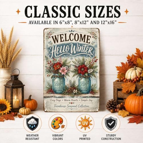 Decorative Tin Sign Vintage Metal Tin Sign Welcome Winter Mason Jar Flowers Pine Branches Berries Cozy Seasonal Wall Decor for Kitchen Entryway 12×16 Inches with Metal Frame - Image 2