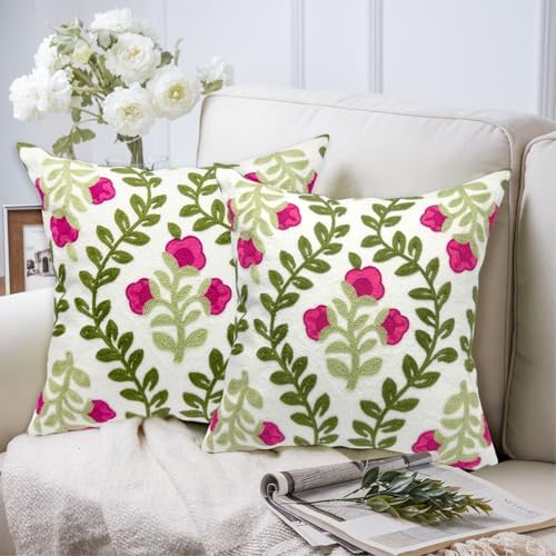Alysheer Floral Embroidered Throw Pillow Cover 18"x 18" Set of 2, Hot Pink - Image 2